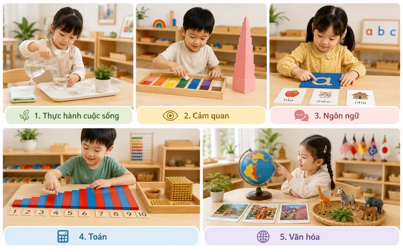 Montessori phát triển trẻ toàn diện qua các lĩnh vực thực hành cuộc sống, cảm quan, ngôn ngữ, toán học và văn hóa.